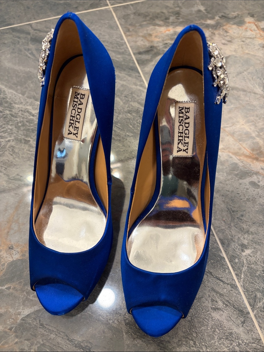 Badgley Mischka Cobalt Blue Satin Peep-Toe Heels with Crystal Brooch